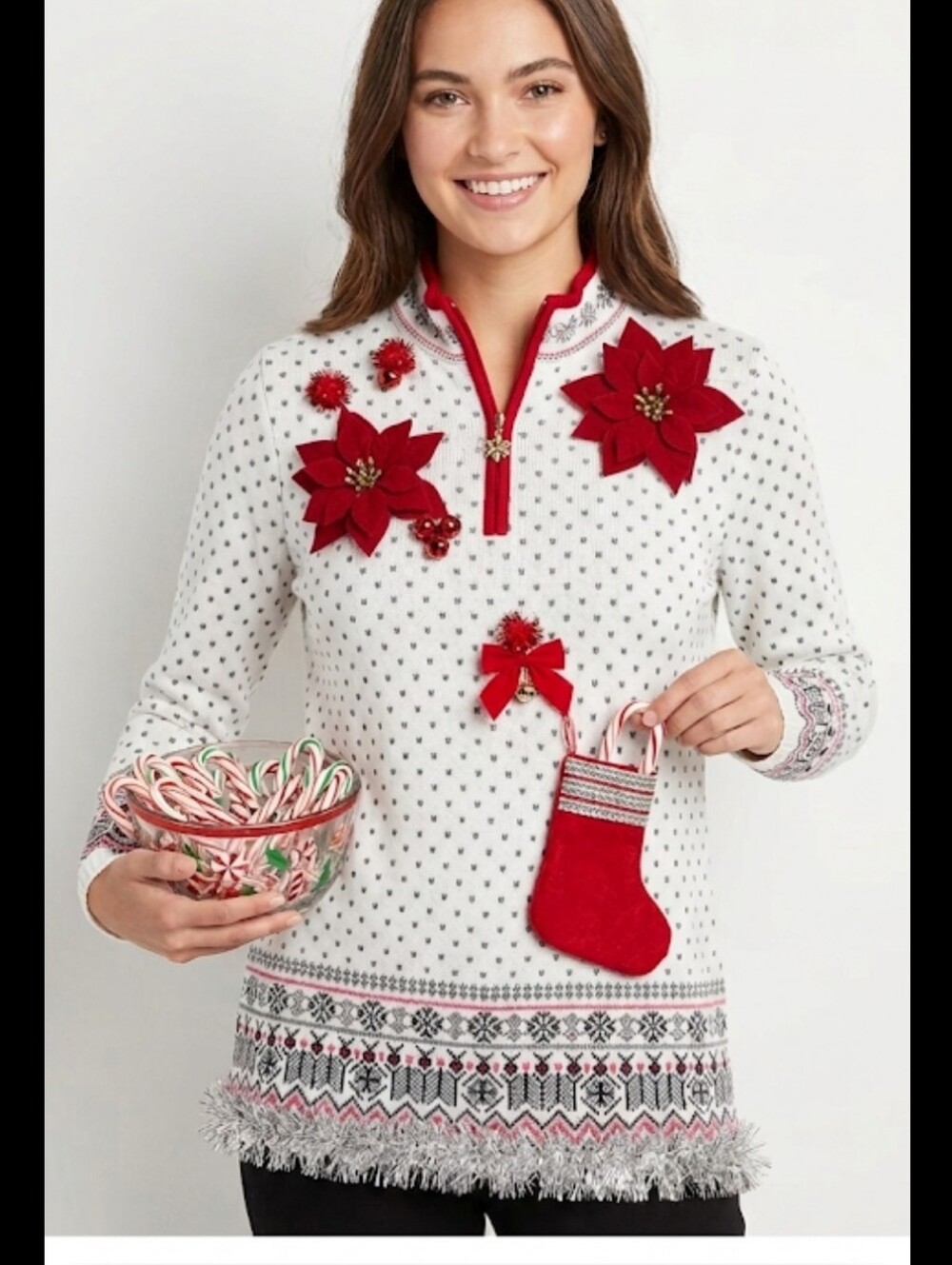 Fair Isle Upcycled Christmas Top 1/4 Zip Sz M poinsettia Tinsel Stocking